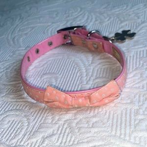 Bow Polka dot pink & Bone Charm 15.5” dog Collar